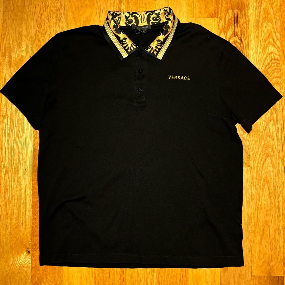 Versace Super Runway Gold Hibiscus Collar Polo Shirt 🔥